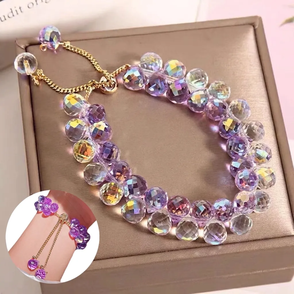 Kids Girls Double Row Faceted Aurora Crystal Bead Bracelet 18K Gold Plated Adjustable Slider Chain Jewelry Gift