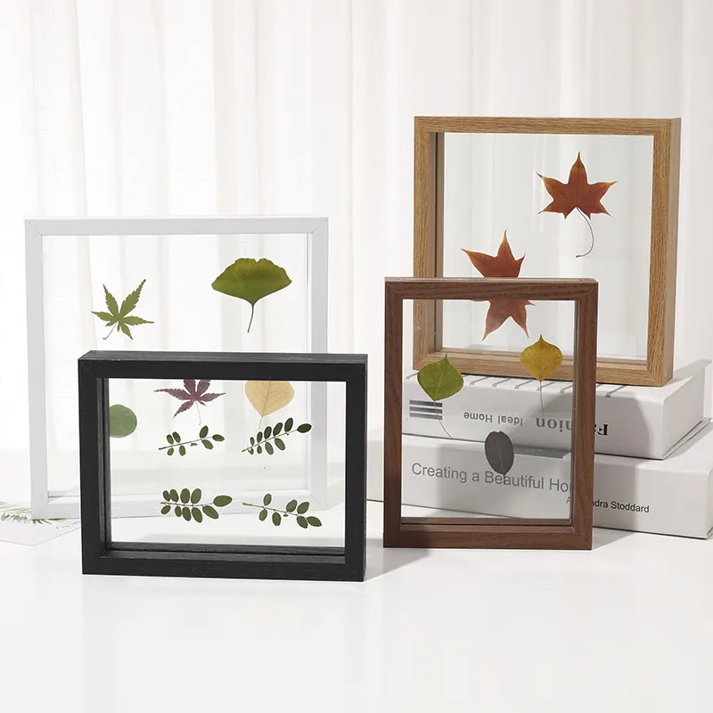 Double Sided Glass Photo Frame MDF Wood Transparent Plant Specimen Display Desktop Nordic Style Decor