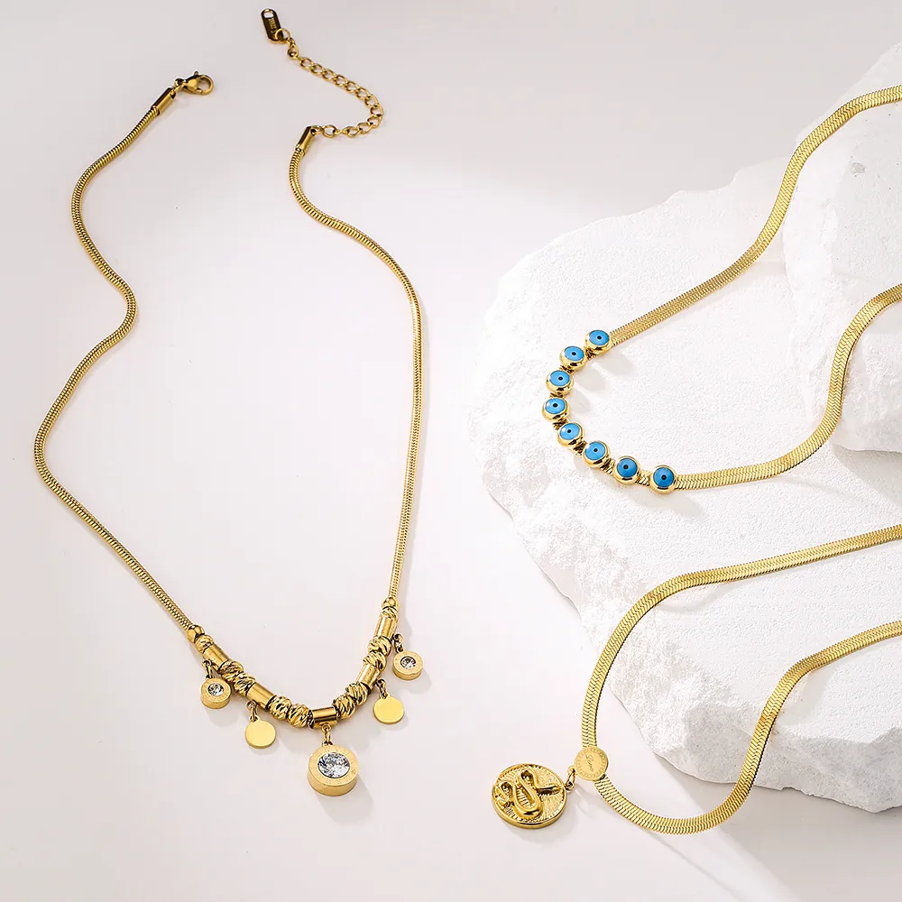Collana Con Ciondolo In Acciaio Inossidabile Placcato Oro 18K Motivo Serpente Occhio Di Allah Numeri Romani Gioielli Per Donna