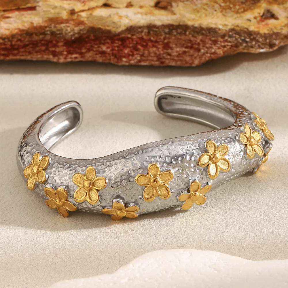 Floral Open Bangle Bracelet Stainless Steel 18K Gold Plated Hammered Texture Two-Tone Vintage Style Jewelry For Women