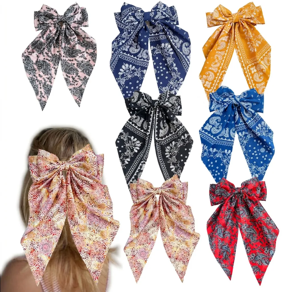 Large Bow Hair Clip Vintage Paisley Leopard Print Long Streamer Satin Fabric Metal Spring Clip Elegant Accessory For Women