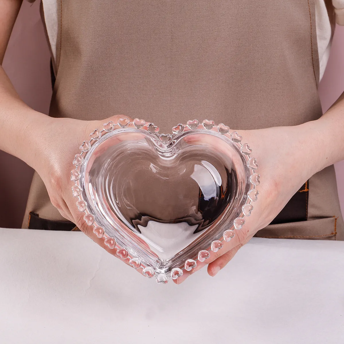 Heart Shaped Glass Bowl With Beaded Edge Transparent Dessert Salad Fruit Plate For Breakfast Snack Home Kitchen Decor