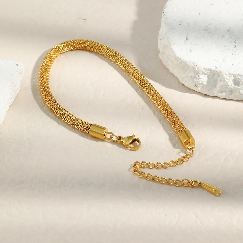 Bracelet À Maillons En Maille Ronde Minimaliste Plaqué Or 18K Acier Inoxydable Bijoux Réglables Pour Femmes Accessoire Mode