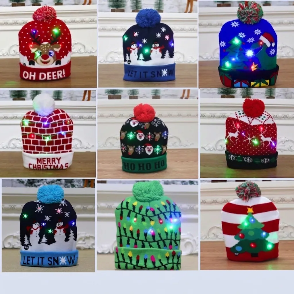 Christmas LED Knit Hat Acrylic Light Up Colorful Holiday Party Decor Winter Beanie For Adults And Kids