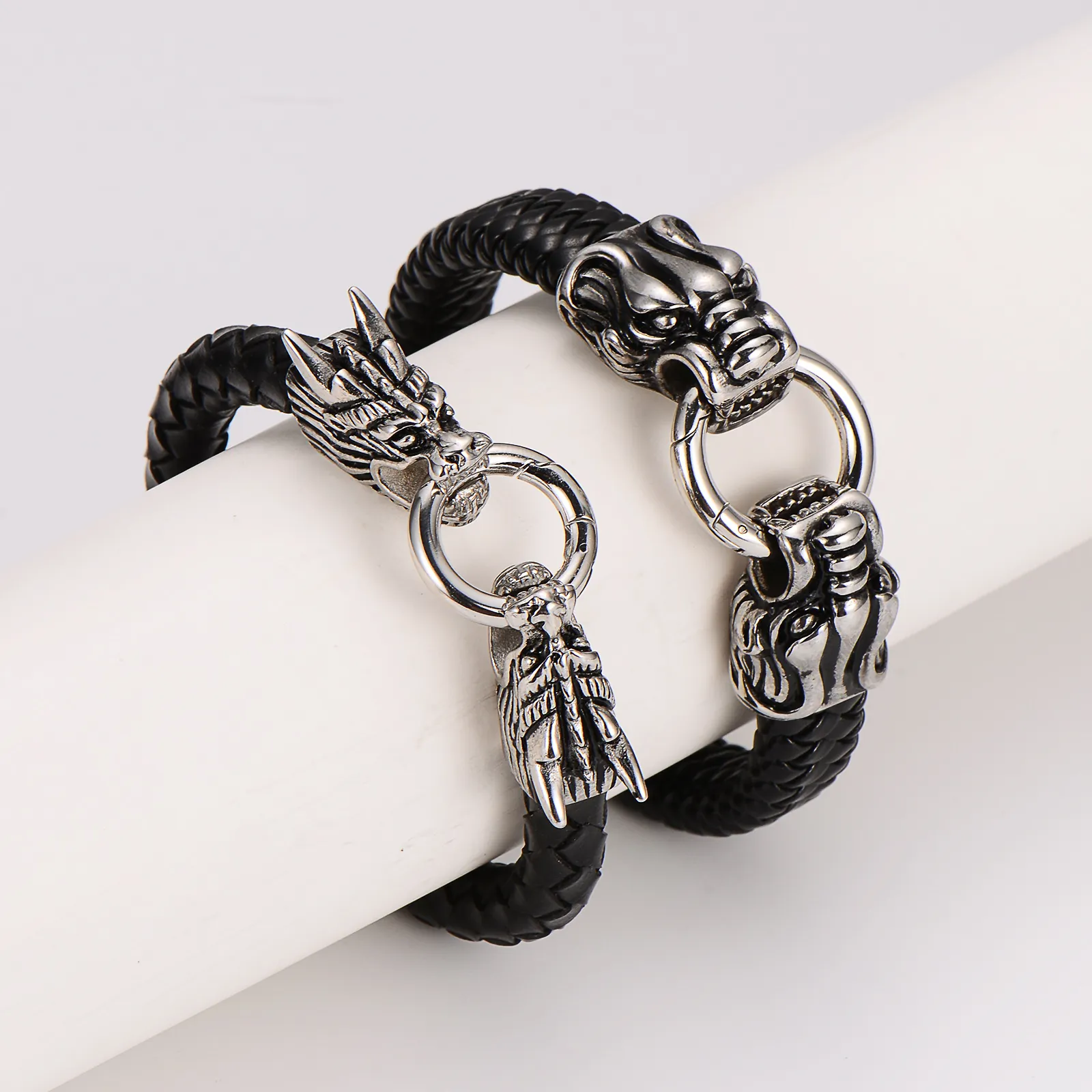 Men Braided Leather Bracelet With 304 Stainless Steel Dragon Leopard Head Viking Punk Gothic Jewelry Accessories