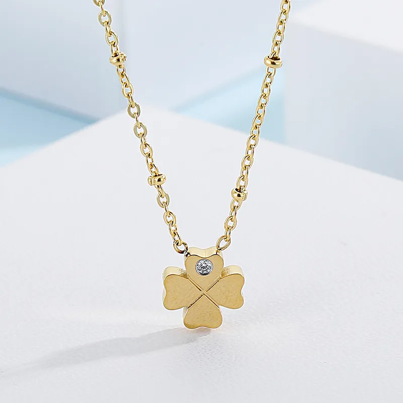 Vierblättriges Kleeblatt Anhänger Halskette Edelstahl Perlenkette Mit Zirkonia Für Damen Eleganter Schmuck