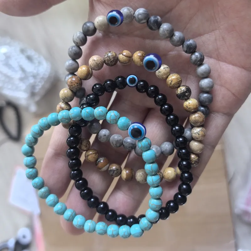 Natural Stone Beaded Bracelet Evil Eye Nazar Protection Charm Tiger Eye Lava Stone Elastic Bohemian Ethnic Jewelry