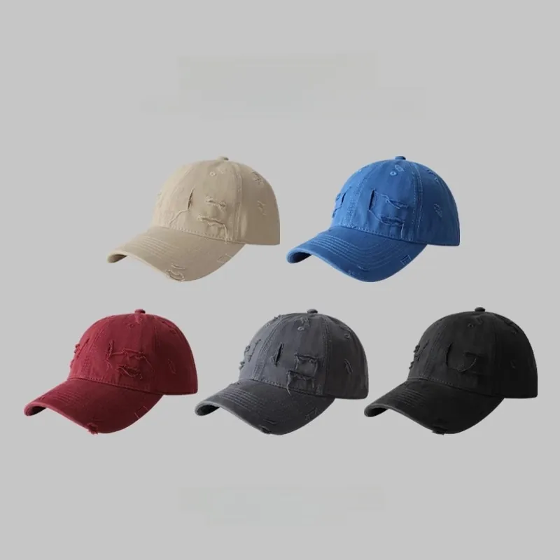 Vintage Distressed Ripped Baseball Cap Washed Cotton Soft Top Peaked Cap Adjustable Streetwear Hip Hop Unisex Sunshade Hat