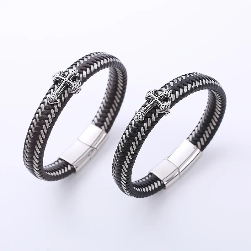 Bracciale In Pelle Intrecciata Da Uomo Con Ciondolo A Croce In Acciaio Inossidabile 316L Gioielli Punk Retro Fibbia Magnetica
