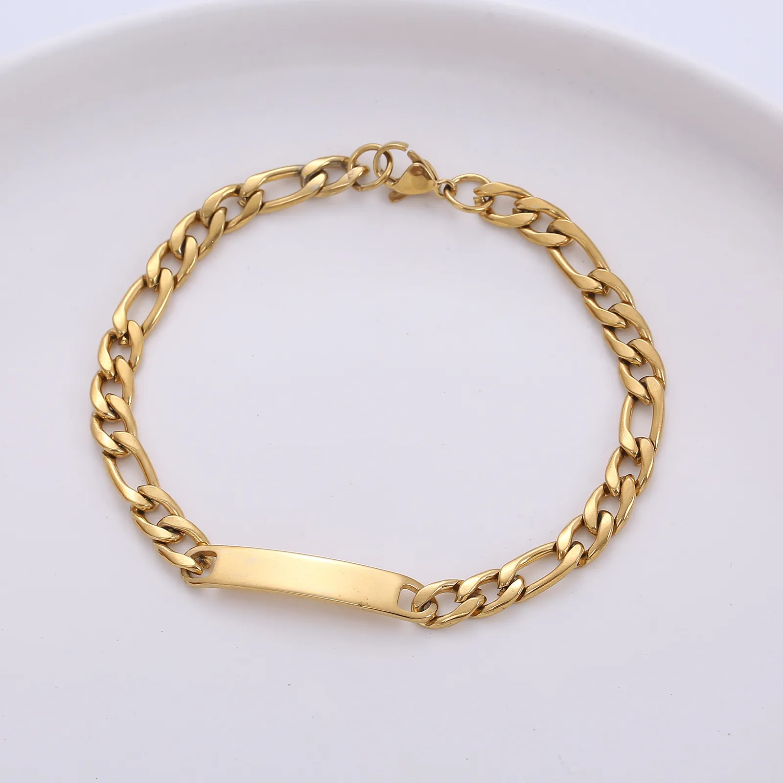 Minimalist Stainless Steel Figaro Chain Bracelet With Blank Bar Identity Plate For Men Women Unisex Jewelry Fashion Accessory