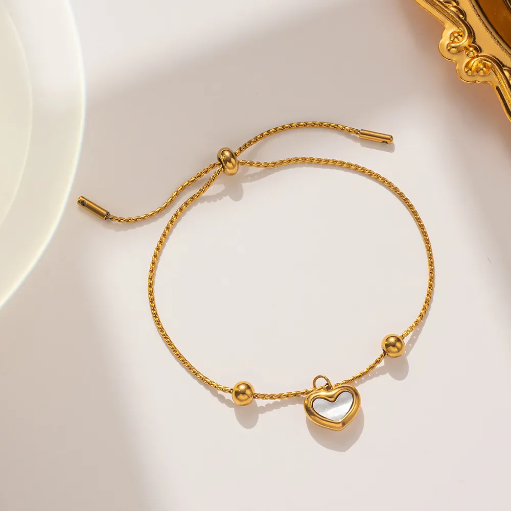 Heart Bracelet Titanium Steel With White Mother Of Artificial Pearl Adjustable Sliding Buckle Minimalist Jewelry For Women