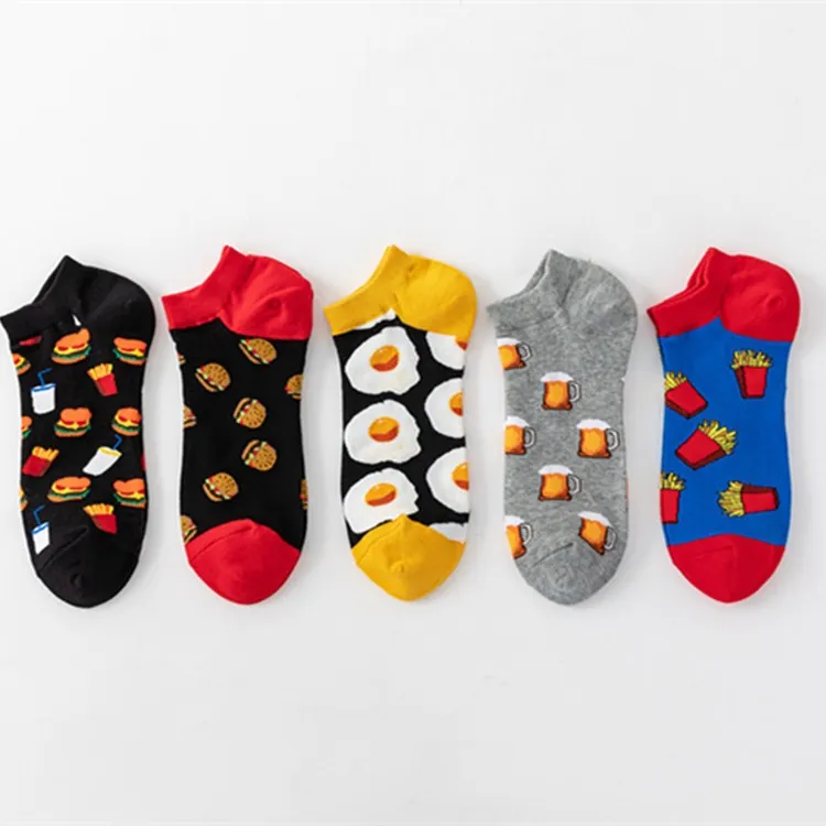 Men Creative Cotton Ankle Socks Food Pattern Casual Low Cut Invisible Socks Hamburger Fries Beer Fried Egg Novelty Socks