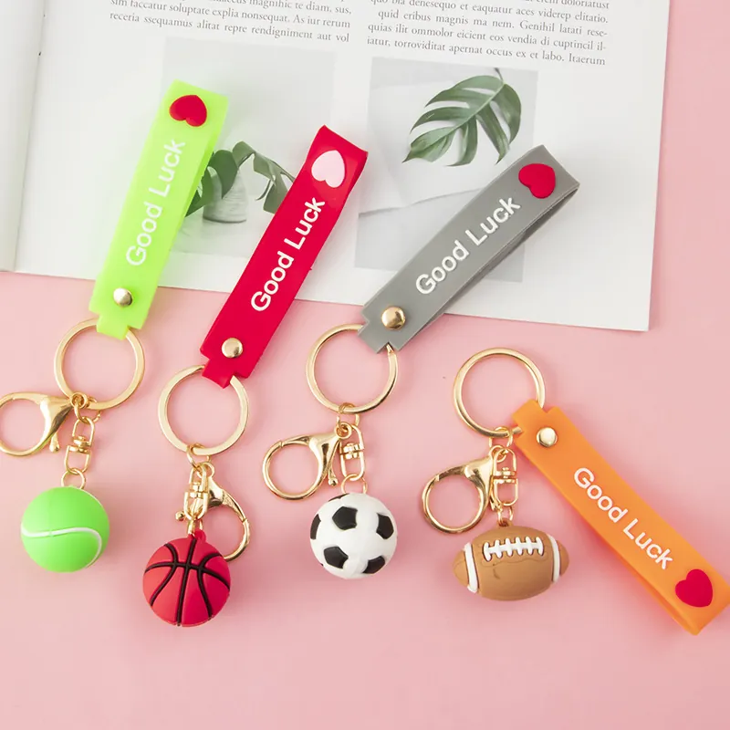 3D Sports Ball Keychain PVC Soft Rubber Soccer Basketball Rugby Tennis Bag Pendant Good Luck Wristband Gift Fans