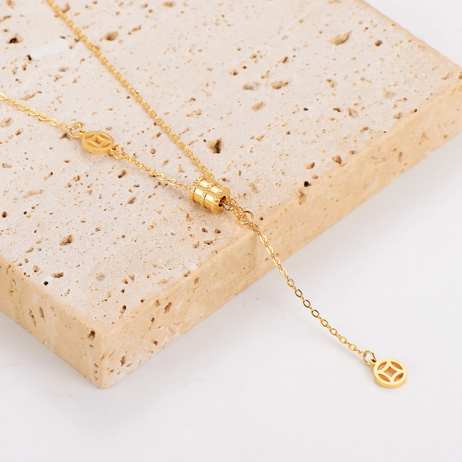 Stainless Steel Gold Plated Necklace For Women Cylindrical Pendant Ancient Coin Charm Tassel Design Fashionable Clavicle Chain Jewelry Accessory