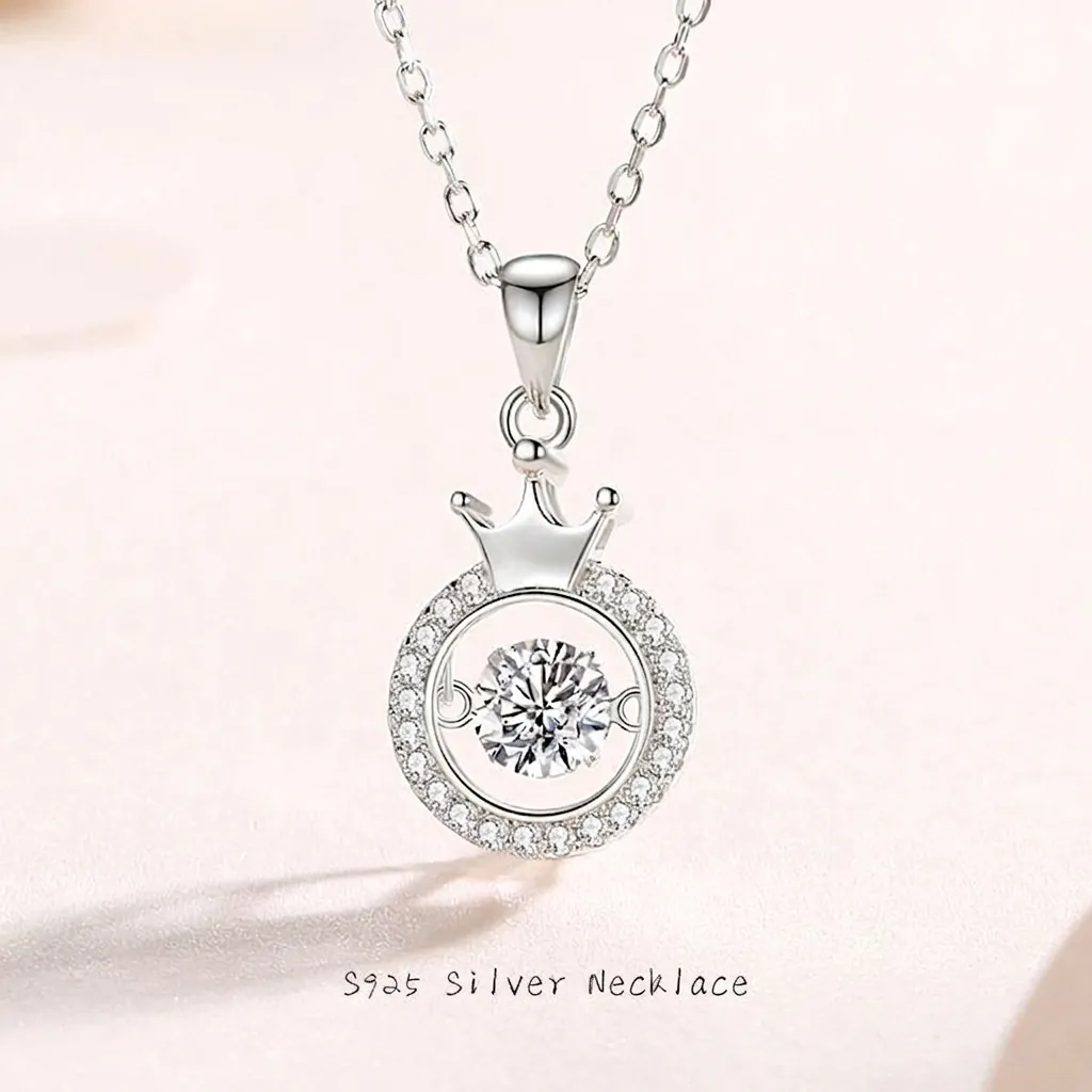 Dancing Stone Crown Pendant Necklace S925 Sterling Silver With Moissanite For Women Elegant Jewelry