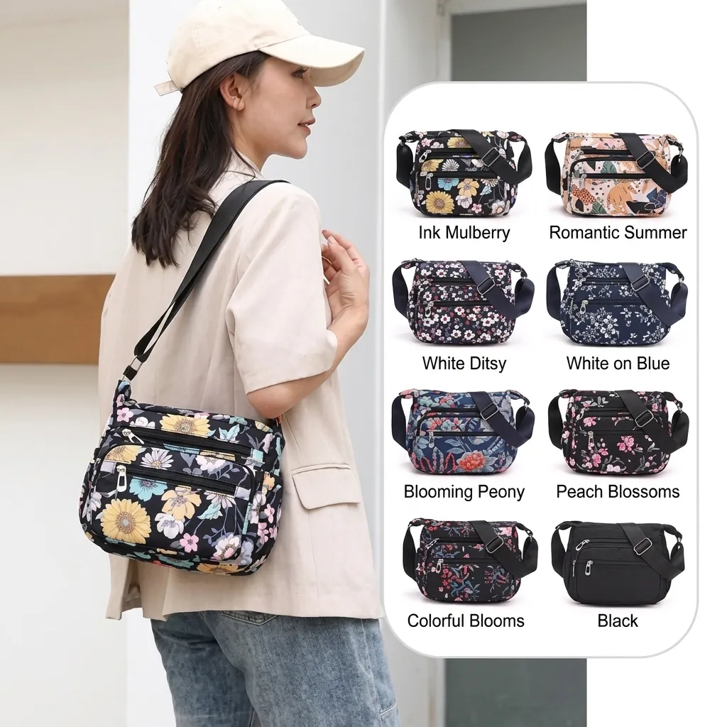 Women's Crossbody Bag Nylon Multi Pocket Waterproof Floral Print Lightweight Adjustable Strap Shoulder Messenger Bag