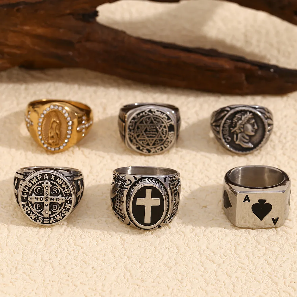 Men Vintage Ring Stainless Steel 18K Gold Plated Caesar Portrait Religious Cross Poker Ace Hip Hop Punk Jewelry Accessory