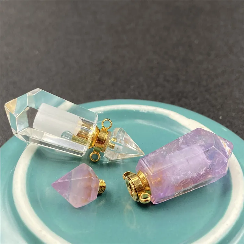 Natural Crystal Gemstone Perfume Bottle Necklace Hexagonal Cone Openable Aromatherapy Essential Oil Diffuser Pendant Healing Jewelry
