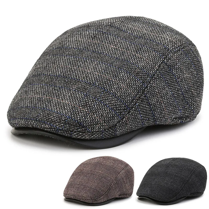 Herren Vintage Schirmmütze Wolle Tweed Newsboy Hut Mit Ohrenklappen Warm Winddicht Fischgrät Karomuster Ivy Cap Winter