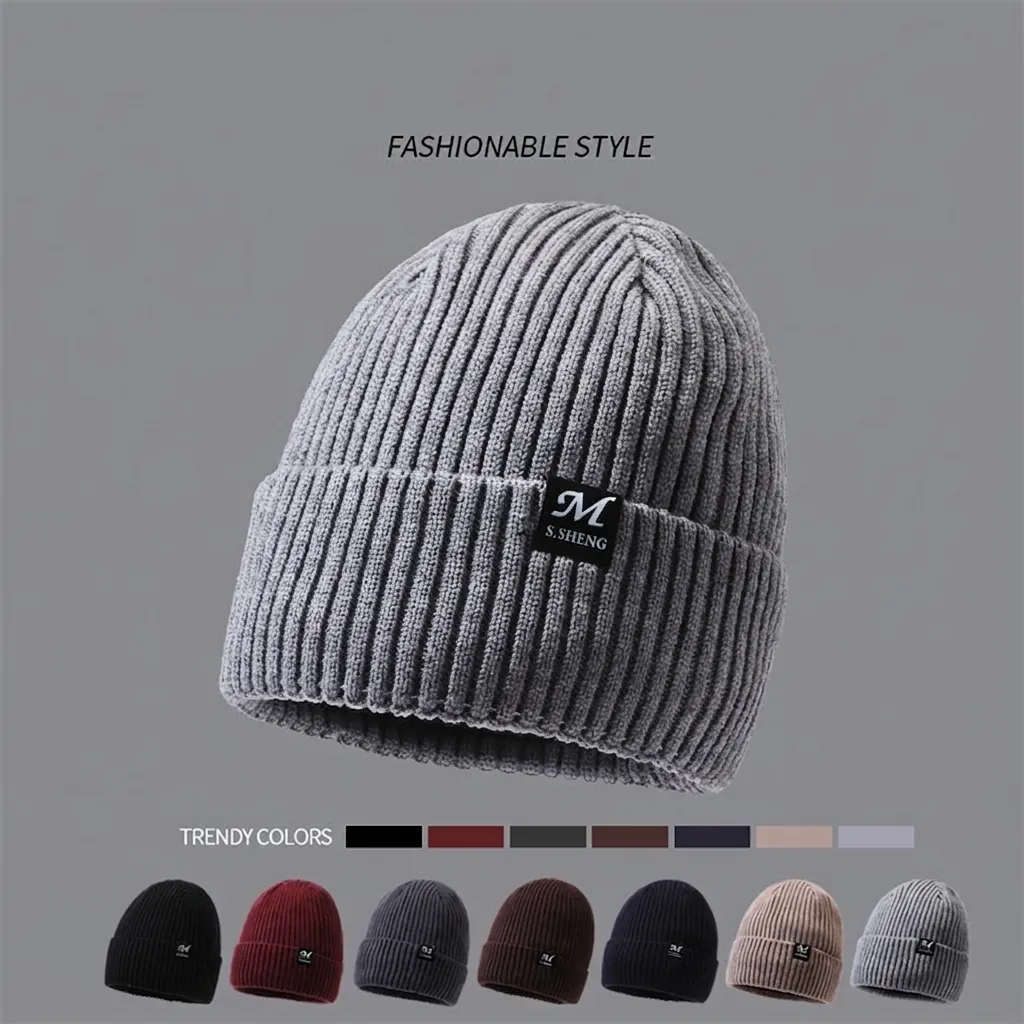 Winter Beanie Hat Knitted Polyester Fleece Lined Ribbed Cuffed Warm Outdoor Cold Proof Skull Cap For Men