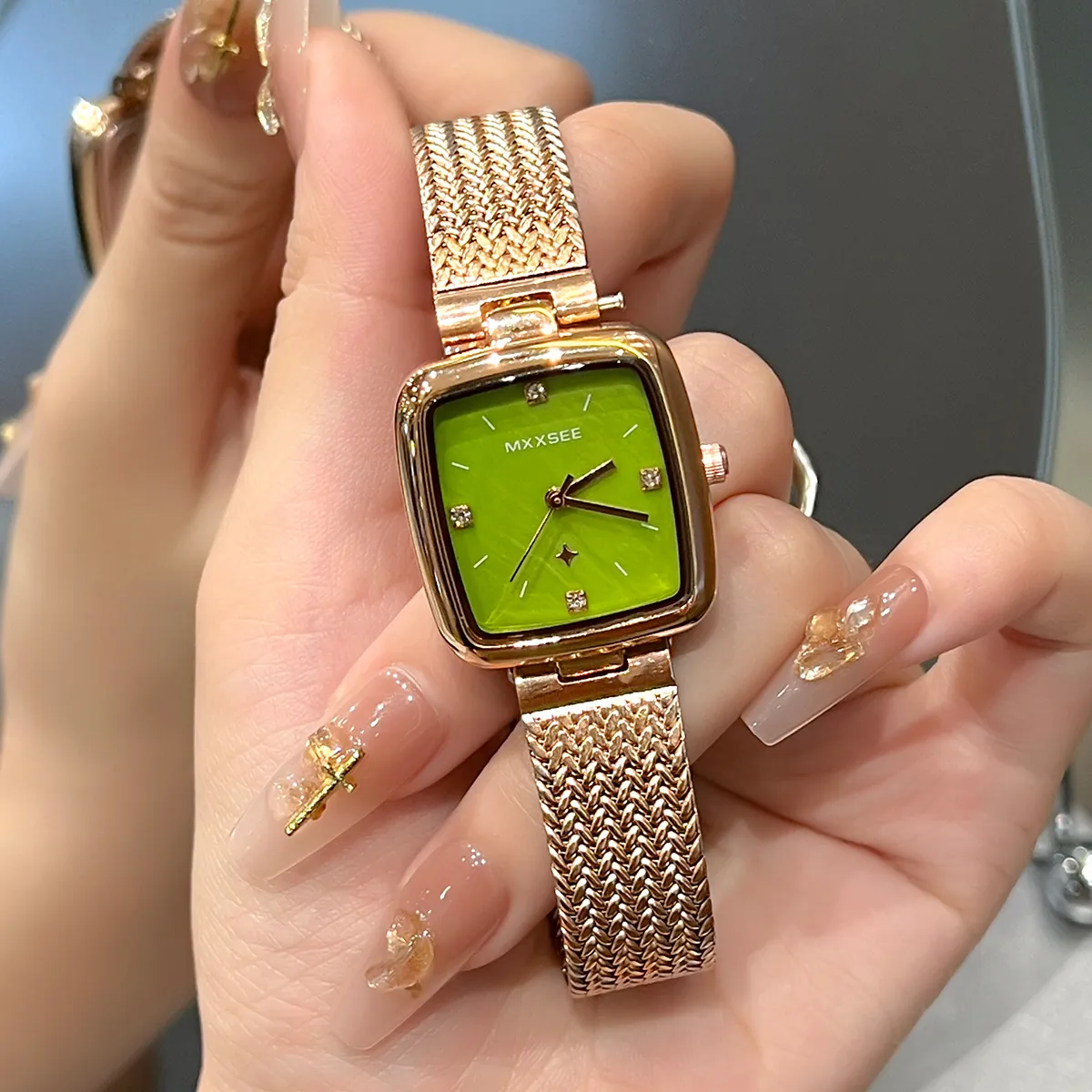 Elegant Women Quartz Watch Square Mother Of Artificial Pearl Dial Rhinestone Markers Alloy Mesh Band Retro Waterproof Wristwatch