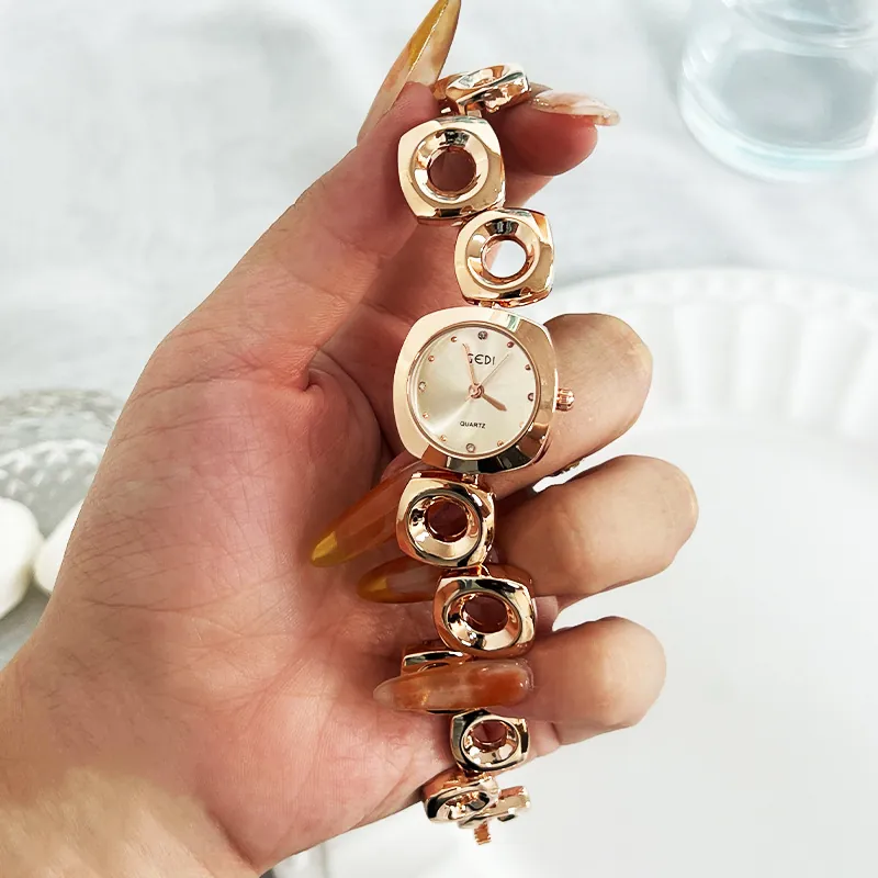 Women Quartz Wristwatch Alloy Geometric Hollow Bracelet Round Square Dial Rhinestone Elegant Dress Watch Waterproof