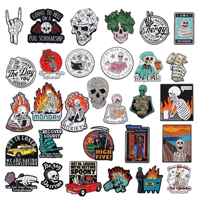 Skeleton Skull Enamel Pins Alloy Brooches Gothic Dark Humor Reading Cat Halloween Badges For Clothes Backpack Decor
