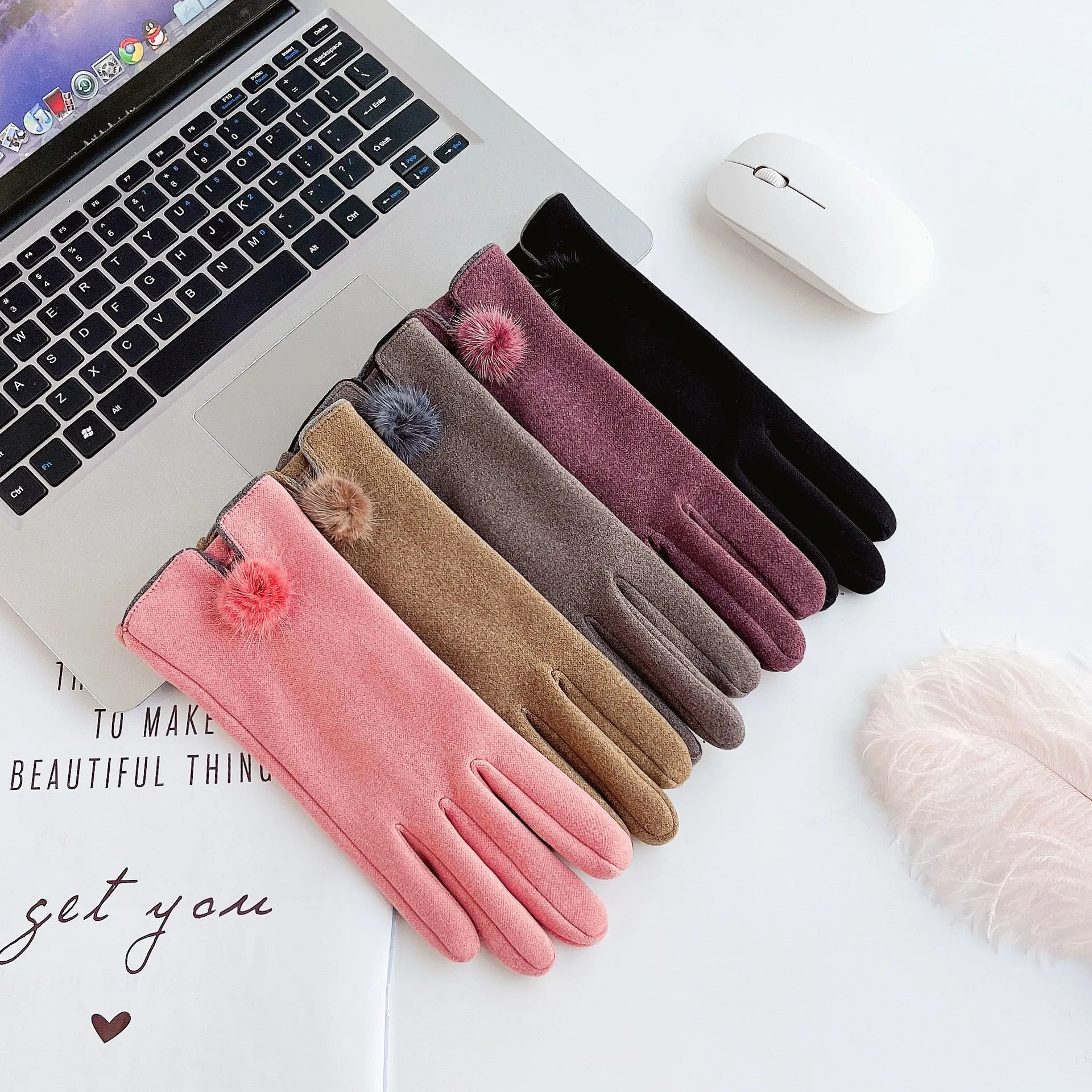 Women Winter Gloves Faux Suede Warm Fleece Lined Touchscreen Outdoor Driving With Pom Pom Decor