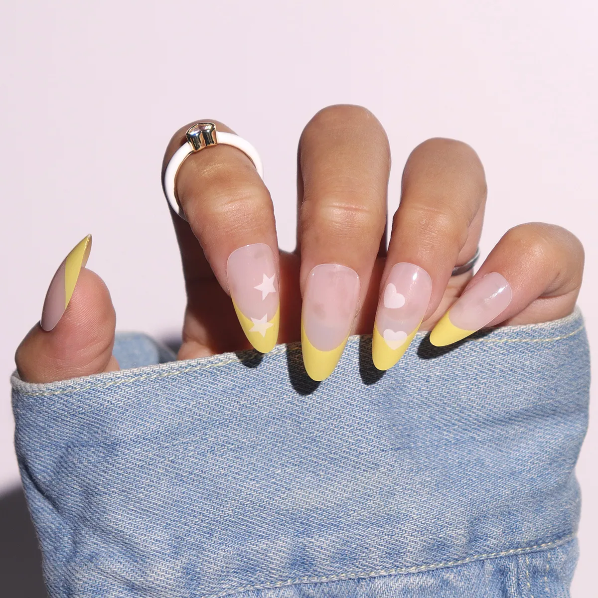 French Yellow Tip Press On Nails Almond Shape Star Heart Pattern Long False Nails For Women