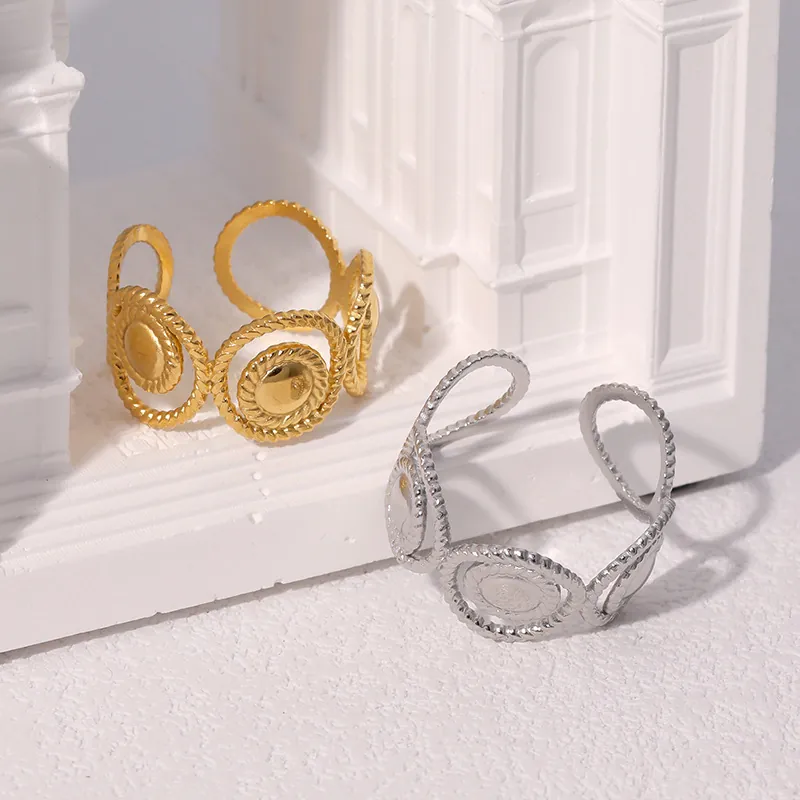 Stainless Steel Rings For Women 18K Gold Plated Open Adjustable Geometric Bohemian Retro Rope Texture Fashion Jewelry