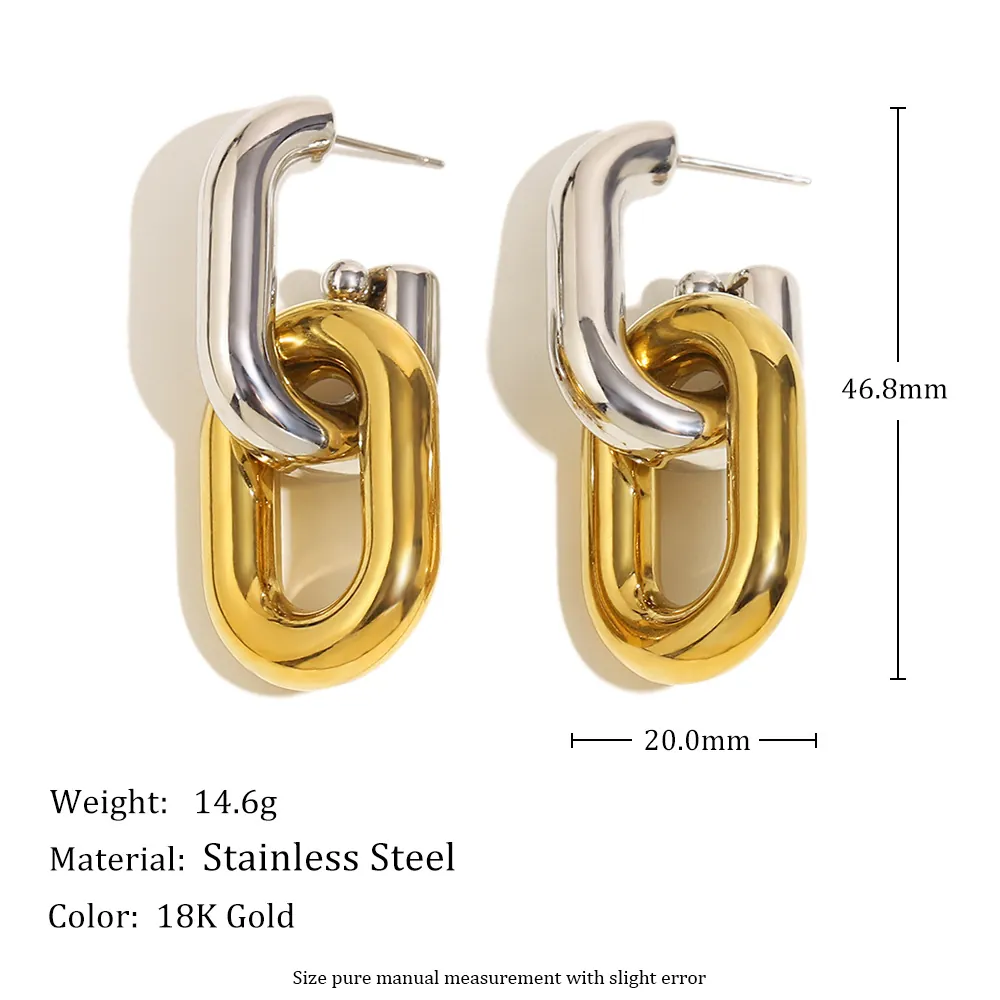 Orecchini In Acciaio Inossidabile Placcato Oro 18K Zircone Nappa Catena Cava Bicolore Retrò Geometrico Per Donne