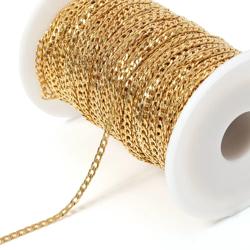 Stainless Steel Cuban Link Chain Bulk On Spool Curb Flat Chain For DIY Necklace Bracelet Making Hip Hop Jewelry
