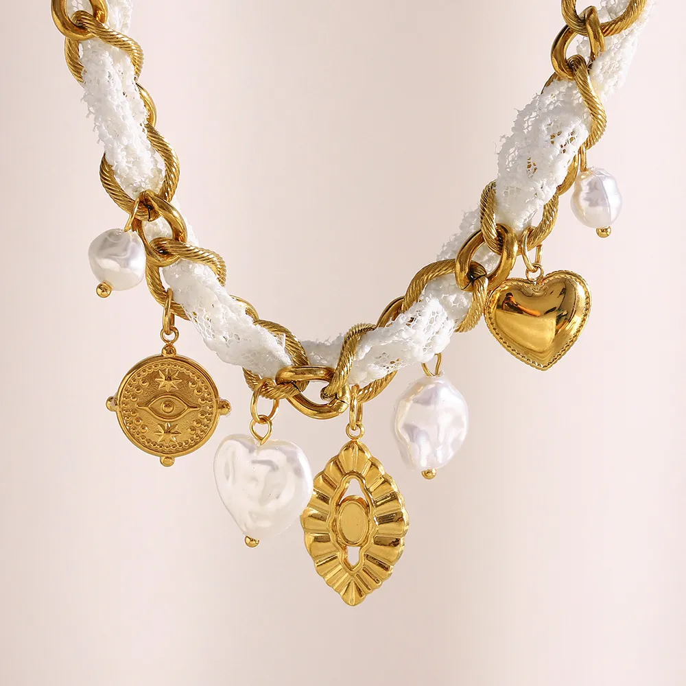 Bohemian White Lace Woven Necklace Stainless Steel 18K Gold Plated Artificial Baroque Pearl Heart Evil Eye Pendant Vintage Women