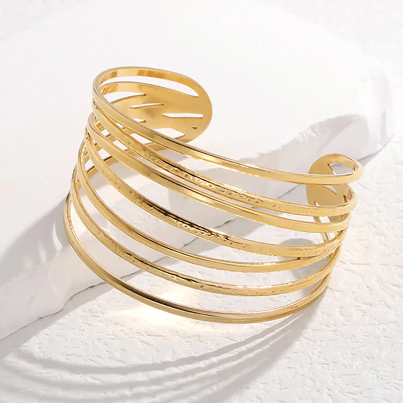 Wide Multi Layer Line Cuff Bracelet Stainless Steel Minimalist Geometric Hollow Out Adjustable Bangle For Women