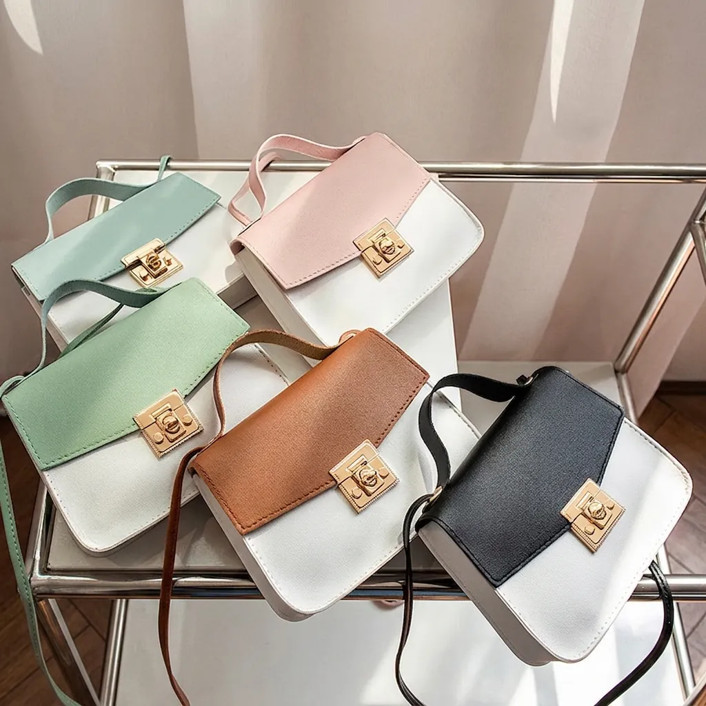 Women Crossbody Bag PU Leather Color Block Small Square Handbag With Metal Lock Top Handle Chic Shoulder Purse