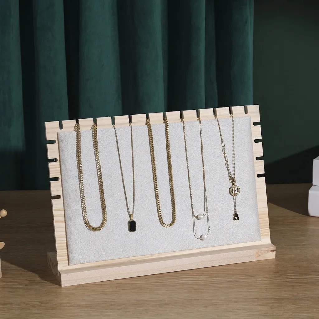Wooden Necklace Display Stand Jewelry Pendant Holder Rack Multi Slots Velvet Lining Professional Countertop Organizer