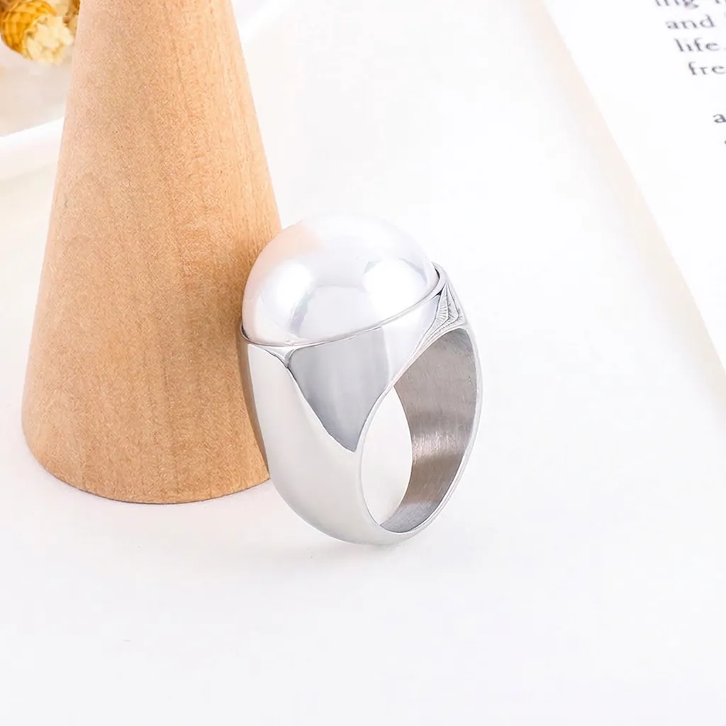 Bague Large À Grosse Künstliche Perle D'imitation Style Français Acier Inoxydable Poli Bijoux Minimalistes Pour Femmes