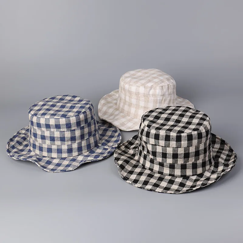 Checkered Bucket Hat Breathable Lyocell Linen Mix Wide Brim Sunshade Shapeable Retro Foldable Elegant Sun Hat