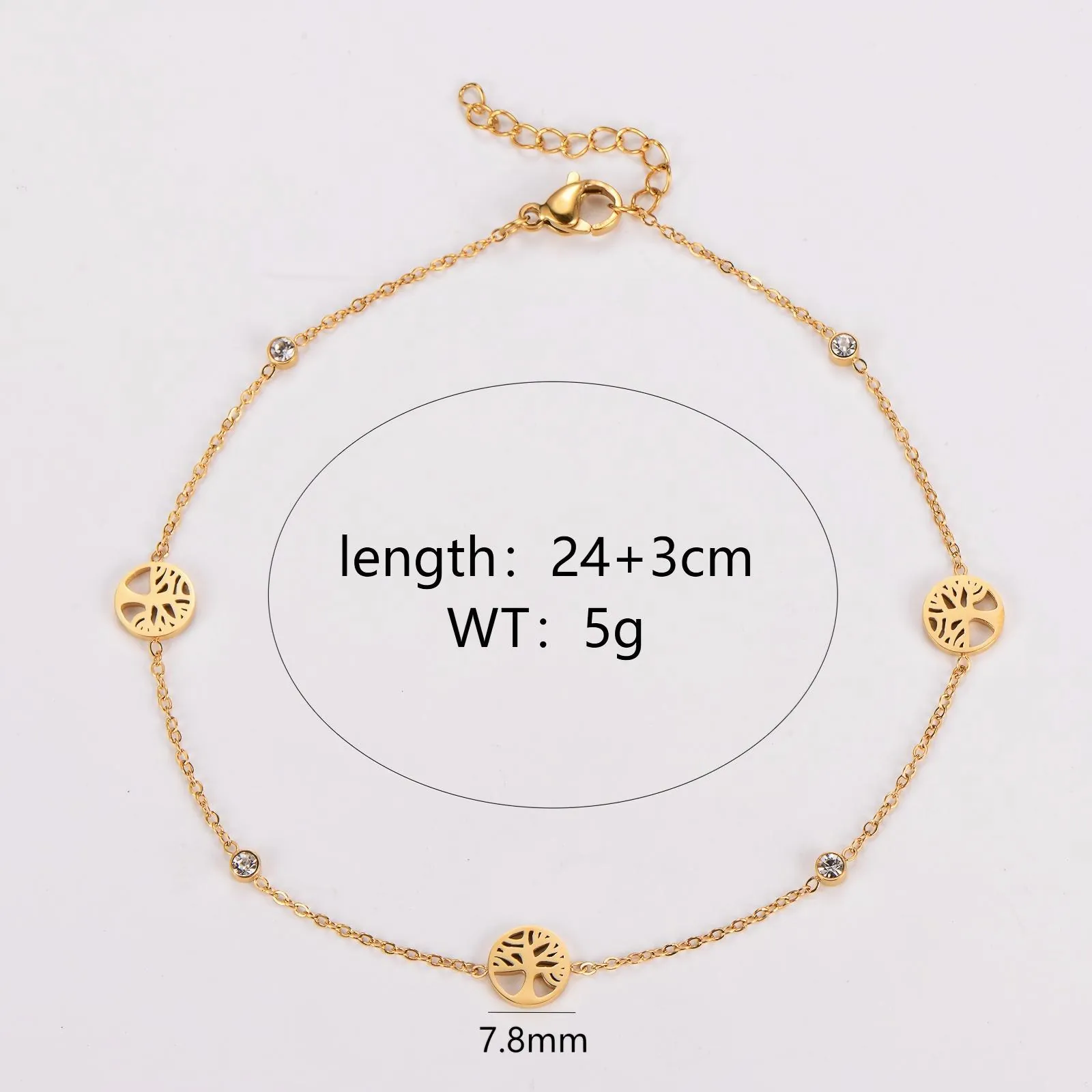 Tree Of Life Pendant Anklet For Women 304 Stainless Steel Cubic Zirconia 18K Gold Plated Elegant Foot Jewelry Adjustable