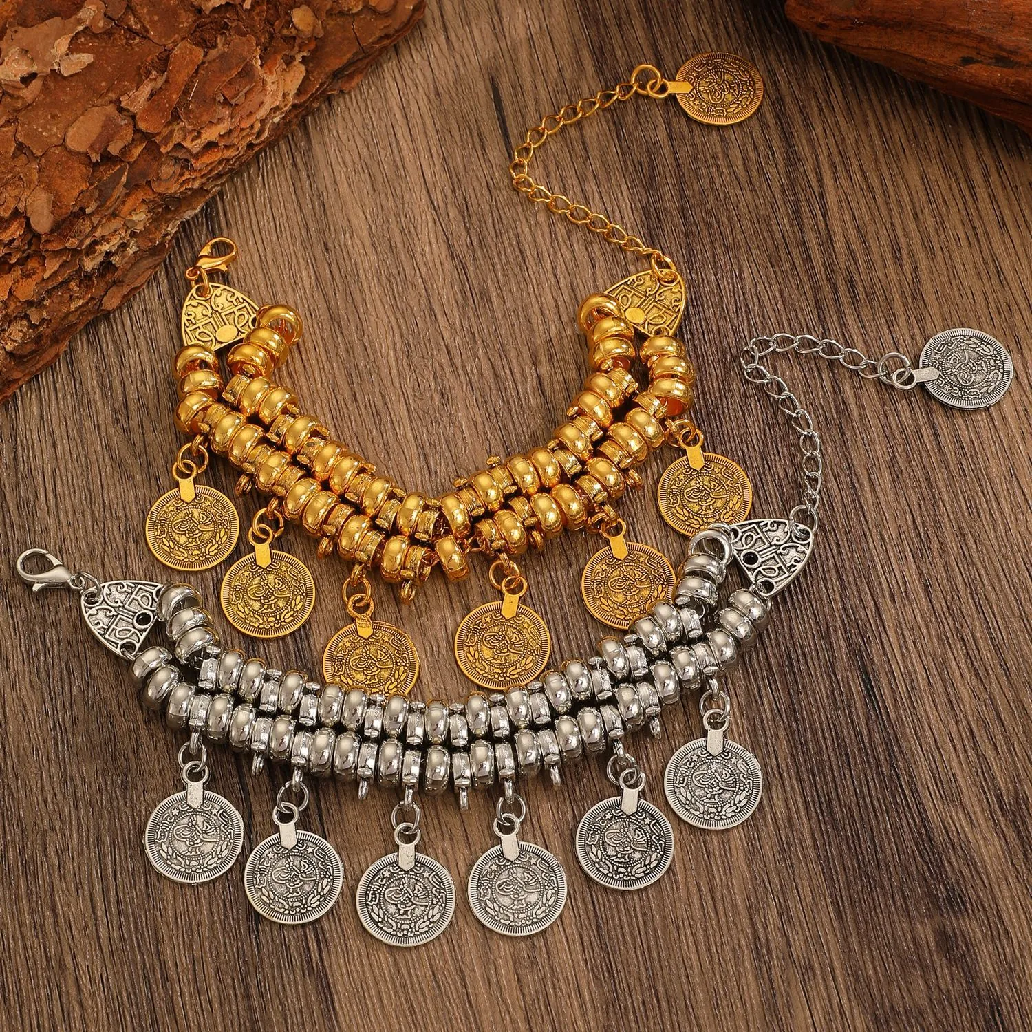 Pulsera Bohemia Vintage Con Borla De Moneda Y Pendientes De Aro Para Mujer Aleación Étnica Cuentas De Capas Joyería