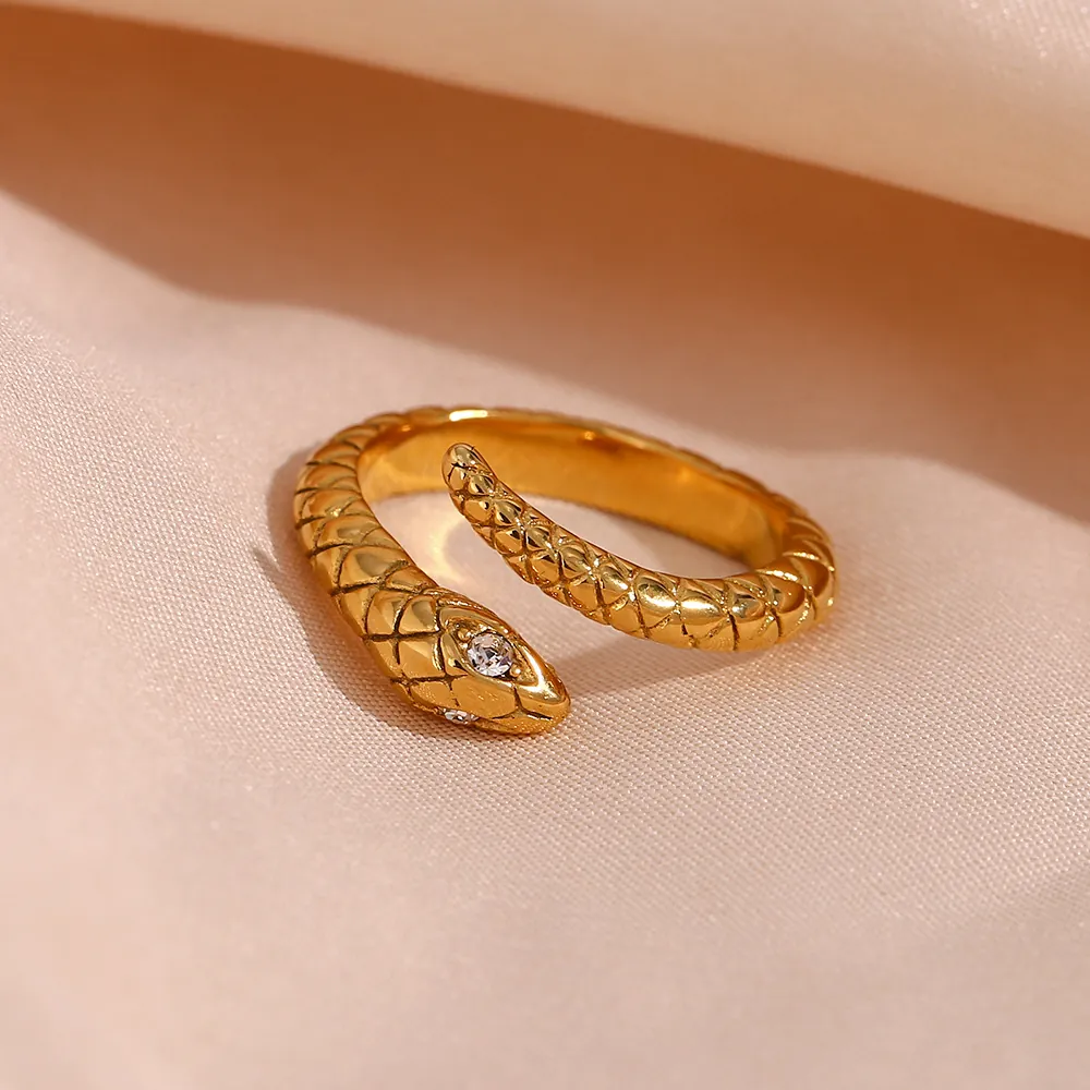 Snake Wrap Ring Stainless Steel Gold Plated With White Zirconia Eyes Open Adjustable Textured Retro Fashion For Women