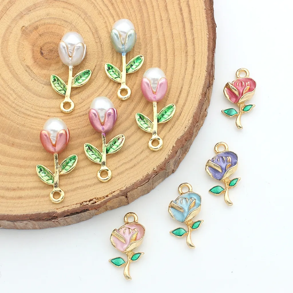 Flower Charms Pendants Alloy Enamel Tulip Rose Floral With Artificial Pearl For DIY Jewelry Making Findings