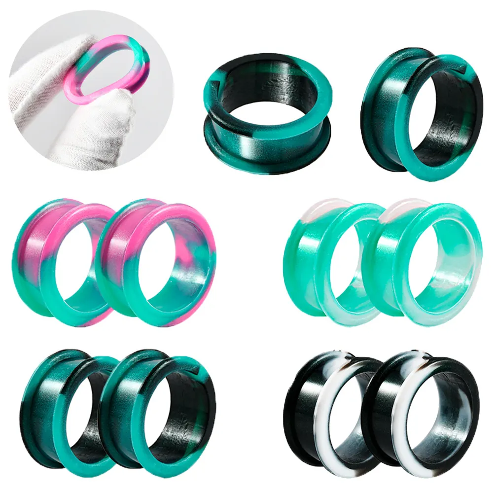 Silicone Hollow Ear Tunnels Gauges Double Flare Pulley Piercing Jewelry Marble Swirl Mixed Color Stretcher Plugs