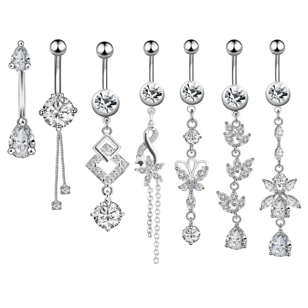 Belly Rings 316L Stainless Steel Zircon Crystal Dangle Navel Piercing Jewelry Flower Butterfly Leaf Women Fashion