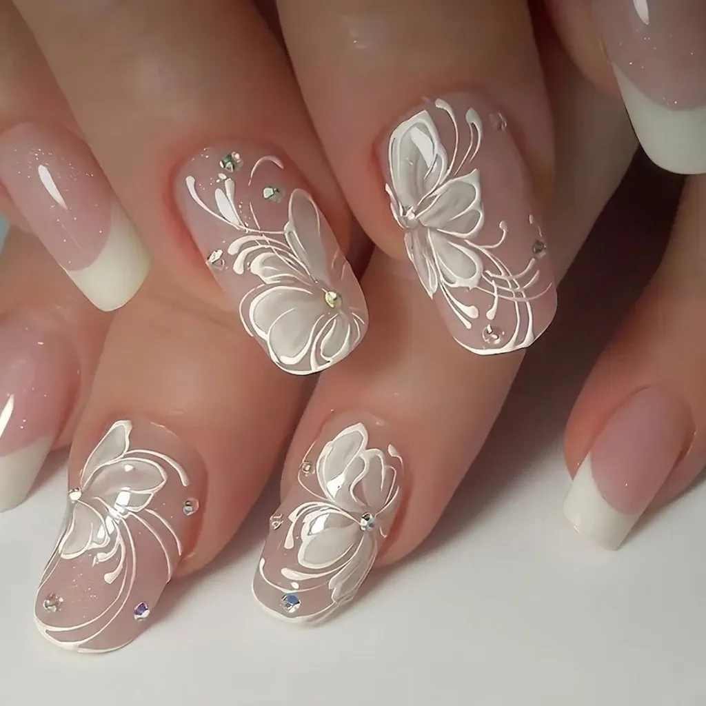 Französischer Stil Weiße Blume Press On Nägel Quadratische Form Strass Glitzer Elegante Maniküre Tipps Für Frauen