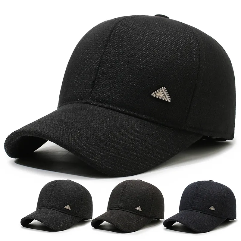 Winter Baseball Cap Men Wool Blend Ear Protection Flaps Warm Windproof Outdoor Casual Adjustable Metal Triangle Logo