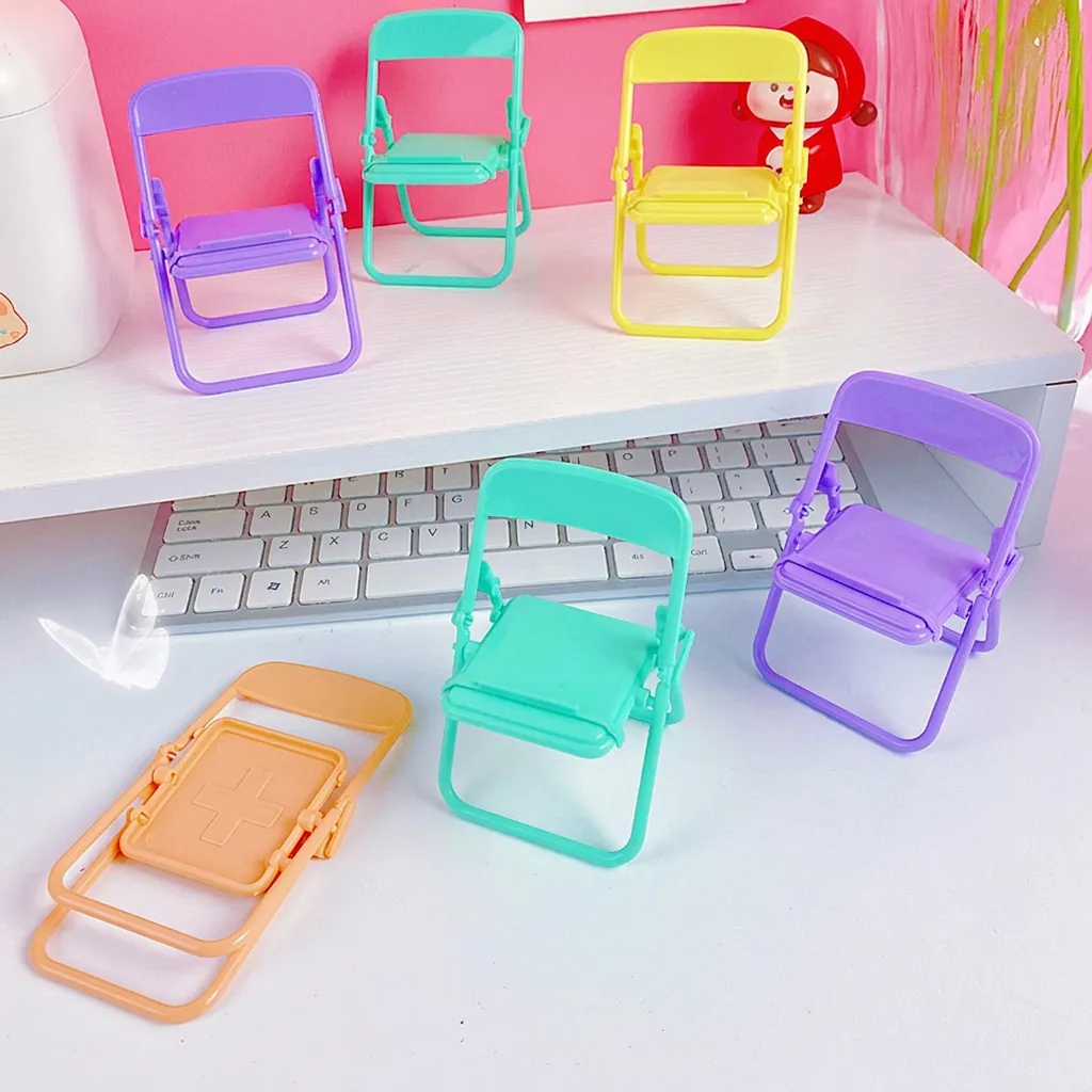 Cute Mini Folding Chair Phone Stand Desktop Decoration Macaron Colors Plastic Lazy Mobile Phone Holder For Home Office Dormitory