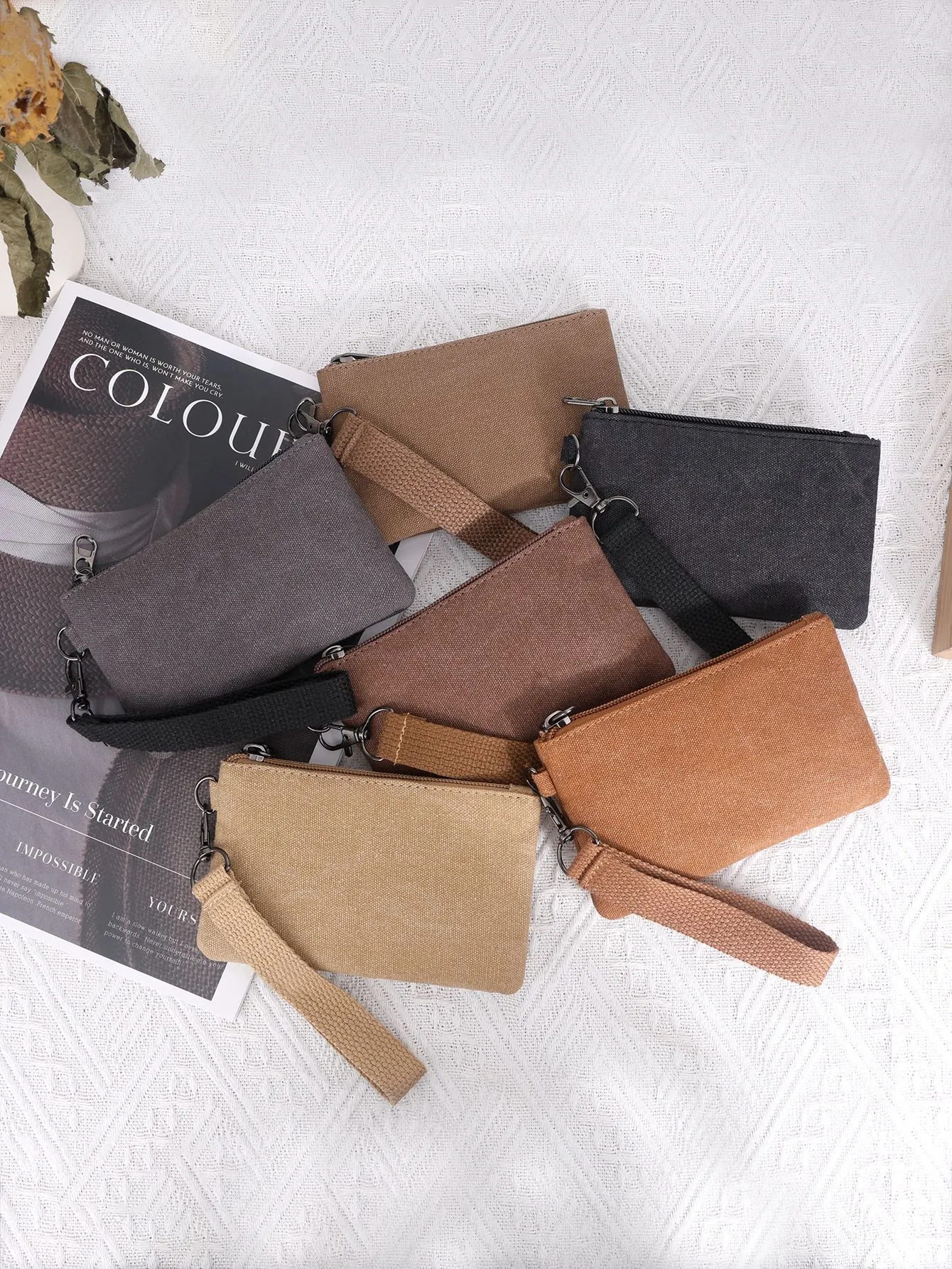 Canvas Coin Purse Small Wallet With Wristlet Strap Zipper Closure Card Key Holder Portable Solid Color Minimalist