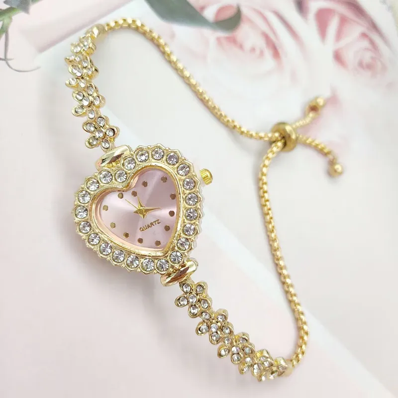Heart Shaped Dial Women Quartz Watch Alloy Rhinestone Adjustable Flower Bracelet Wristwatch Fashion Luxury For Ladies