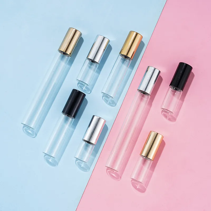 Transparent Glass Roller Bottle Refillable Essential Oil Perfume Liquid Container Travel Portable With Metal Cap Cylindrical